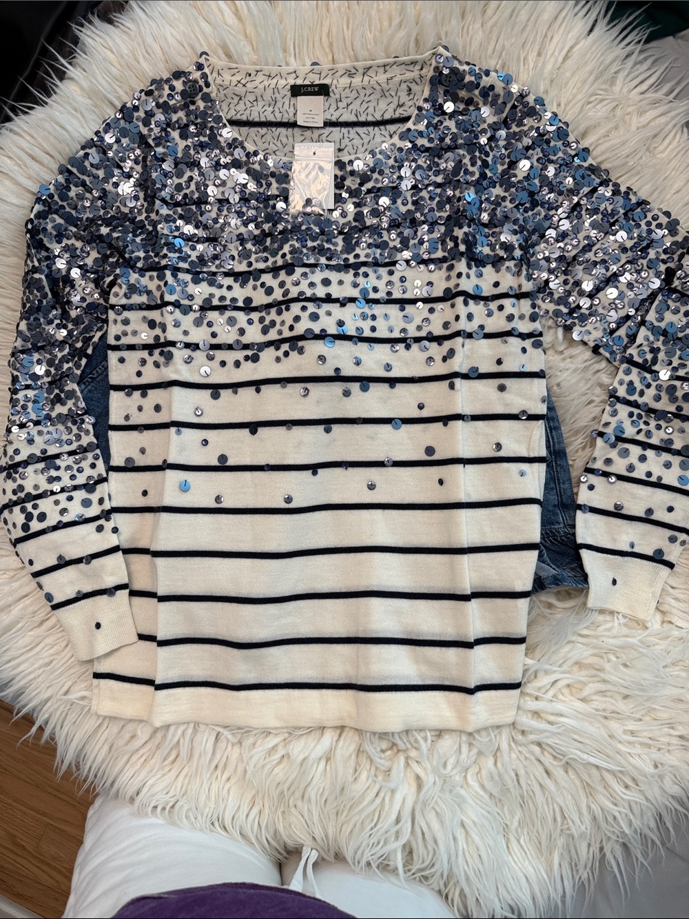 NWT J. Crew White Knit Top with Blue Sequin Stripes